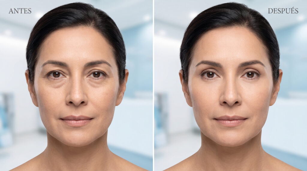 Díptico fotográfico de primer plano de una mujer de mediana edad antes y después de una cirugía de párpados. La imagen izquierda muestra sutiles bolsas y ojeras bajo los ojos; la imagen derecha muestra una mirada rejuvenecida con párpados firmes y aspecto descansado. - Dr. Alex Cervera