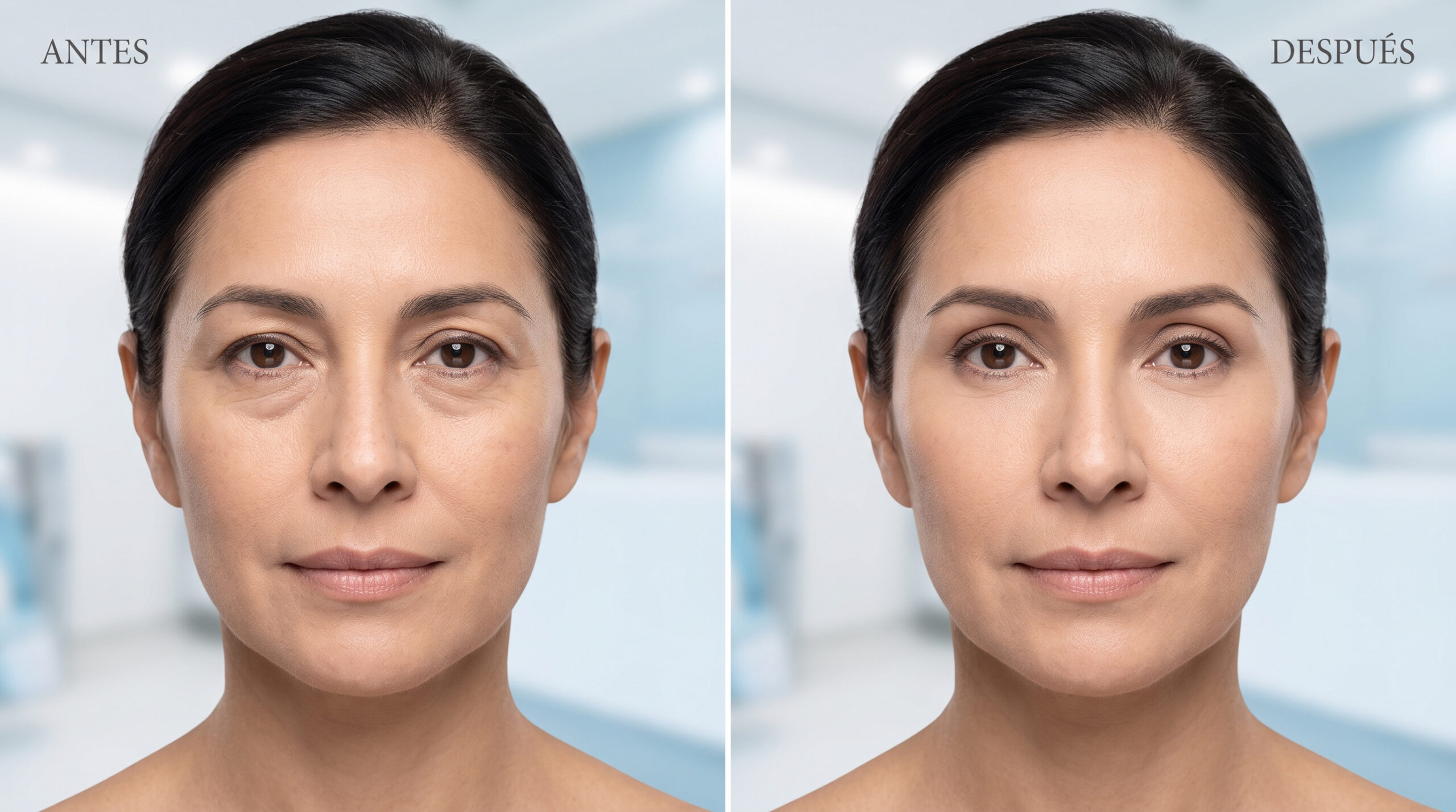 Díptico fotográfico de primer plano de una mujer de mediana edad antes y después de una cirugía de párpados. La imagen izquierda muestra sutiles bolsas y ojeras bajo los ojos; la imagen derecha muestra una mirada rejuvenecida con párpados firmes y aspecto descansado. - Dr. Alex Cervera