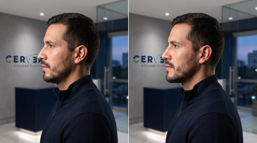 Dos fotografías de perfil de un hombre hispano con barba corta, que muestran el antes y el después de un tratamiento de mentoplastia. En la imagen de la izquierda (antes), se aprecia un mentón ligeramente más retraído. En la imagen de la derecha (después), el mentón presenta una mayor proyección y volumen, logrando un perfil facial más masculino, equilibrado y definido. El hombre viste una sudadera azul marino con cremallera y el fondo es una moderna clínica de estética con un mostrador y el logotipo 'CERVERA CIRUJANO PLASTICO' en la pared gris.
