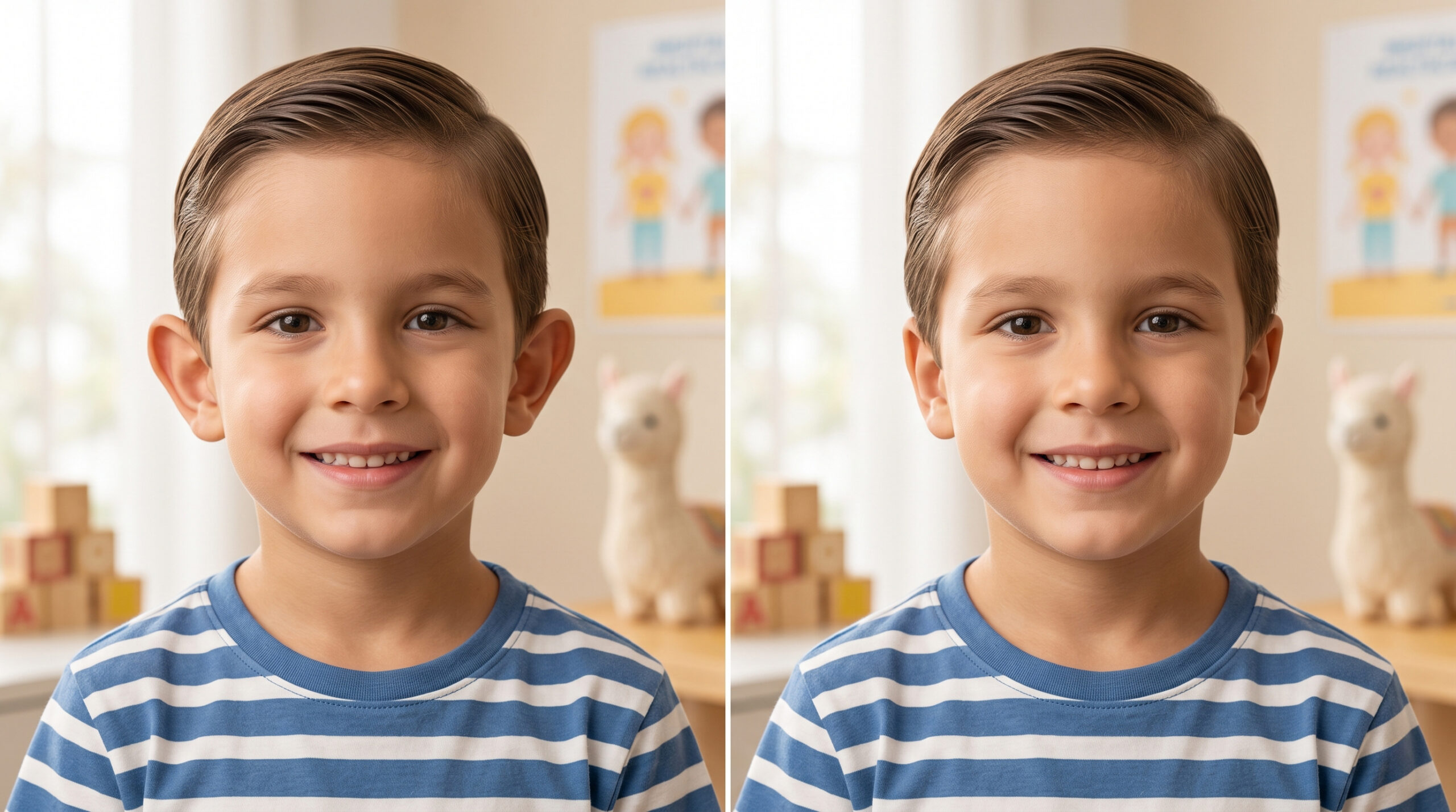 Dos fotografías de primer plano idénticas de un niño pequeño y sonriente, lado a lado. En la imagen de la izquierda, sus orejas sobresalen notablemente de su cabeza, mientras que en la imagen de la derecha, sus orejas están pegadas a su cabeza. Ambas imágenes tienen el mismo fondo borroso de juguetes de madera y un cartel de pared. - dr. Alex Cervera